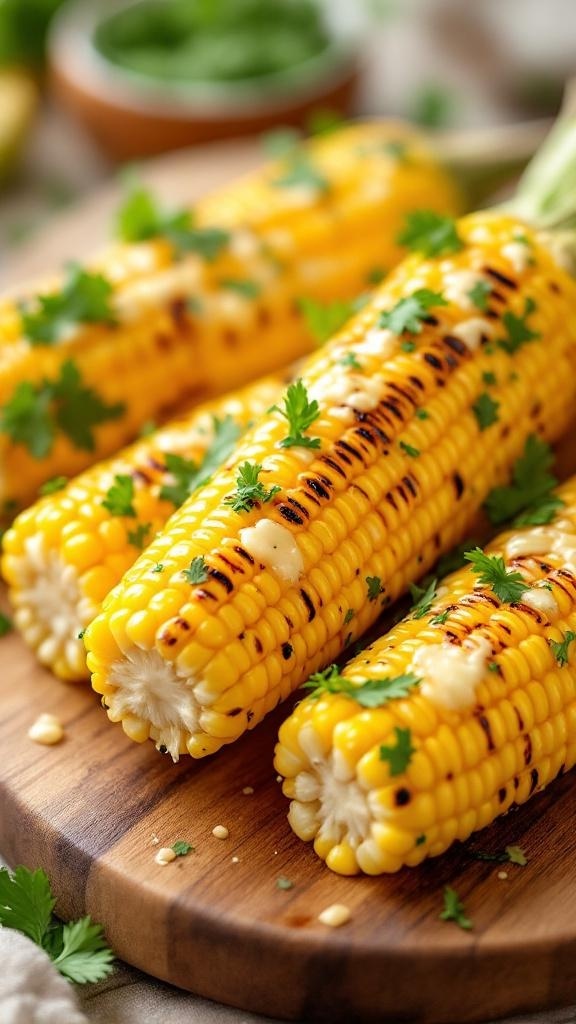 Grilled corn on the cob with garlic butter and cilantro on a wooden board.
