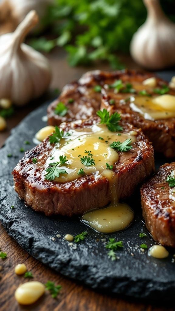 Delicious garlic butter steak bites garnished with herbs on a slate plate.