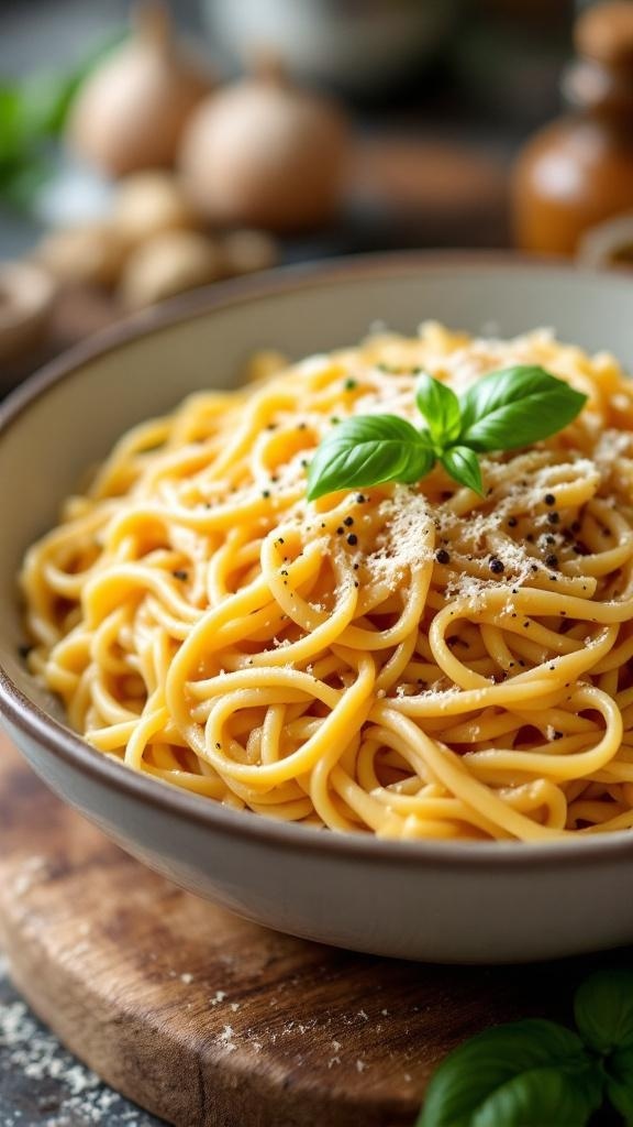 A bowl of savory garlic parmesan pasta topped with fresh basil and grated cheese.