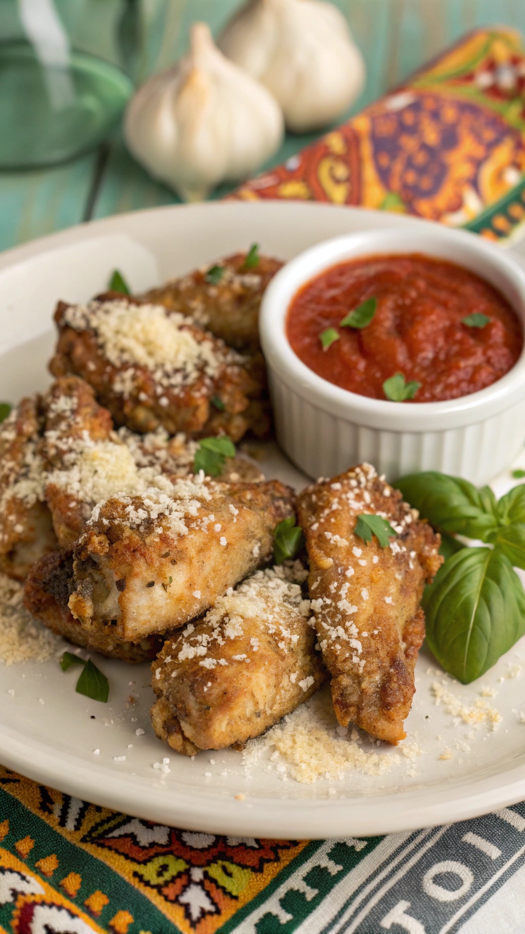 Crispy garlic parmesan chicken wings served with marinara sauce and garnished with fresh basil.