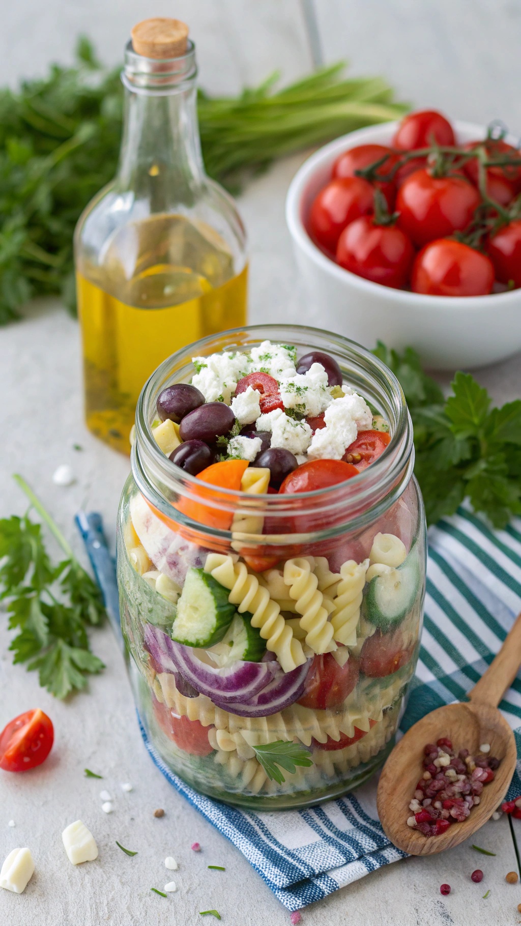 A jar filled with Greek pasta salad, featuring colorful layers of pasta, vegetables, and feta cheese.