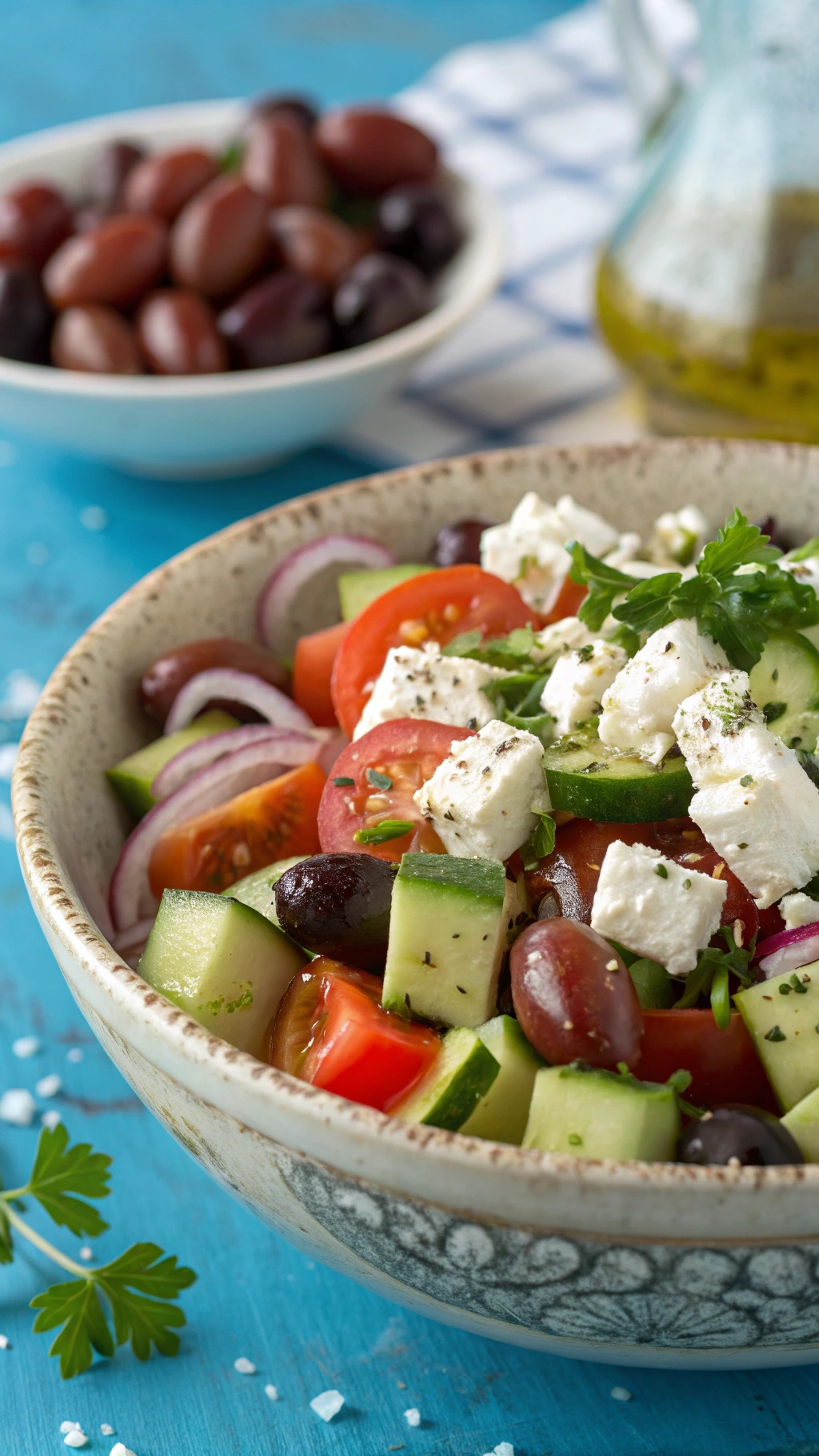 A vibrant Greek salad with tomatoes, cucumbers, olives, and feta cheese.