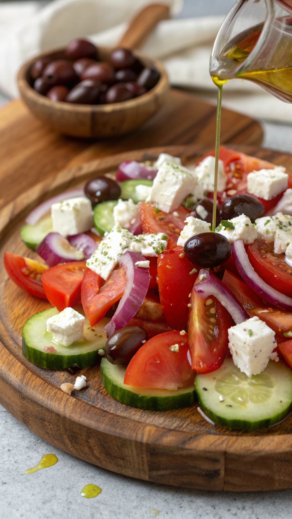 A colorful Greek salad with tomatoes, cucumbers, olives, and feta cheese on a wooden platter.