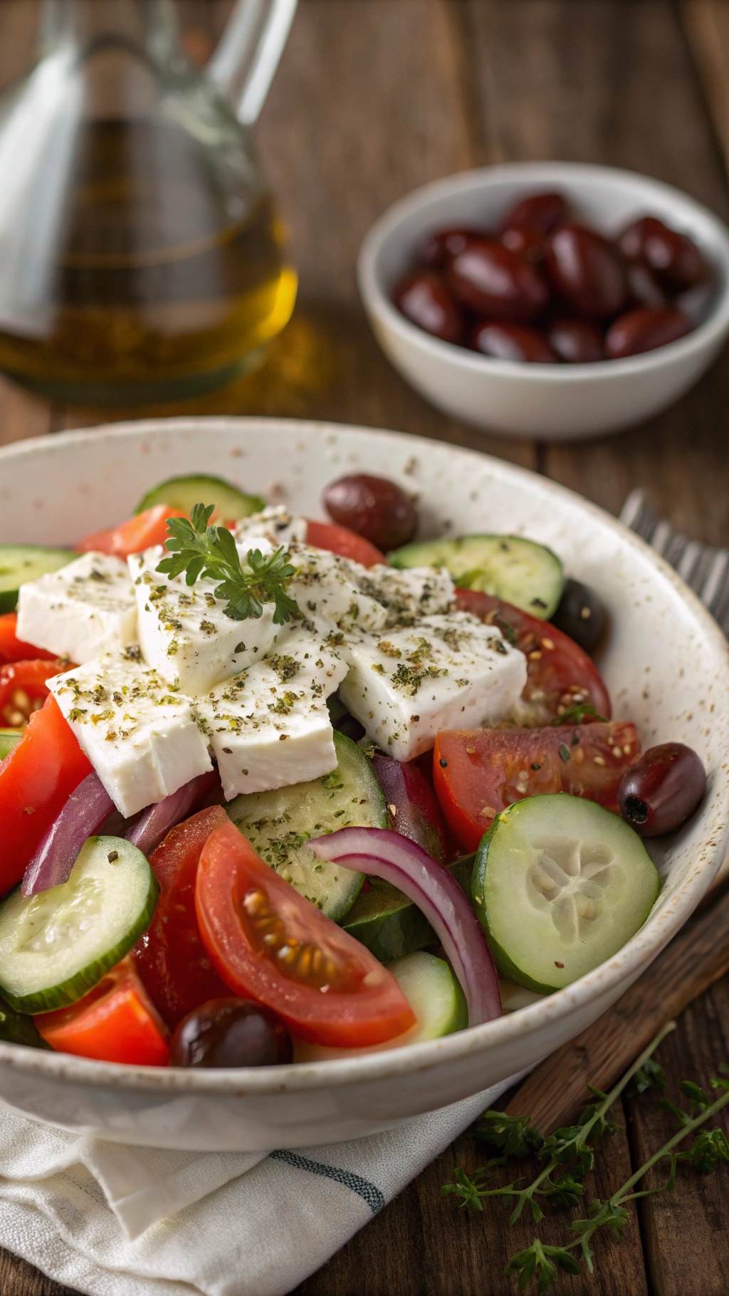 A colorful Greek salad featuring tomatoes, cucumbers, olives, and feta cheese, garnished with oregano.