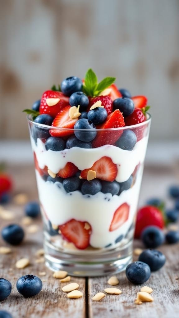 A delicious Greek yogurt parfait layered with strawberries, blueberries, and nuts in a glass.