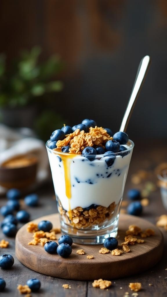 A delicious Greek yogurt parfait with blueberries and granola in a glass
