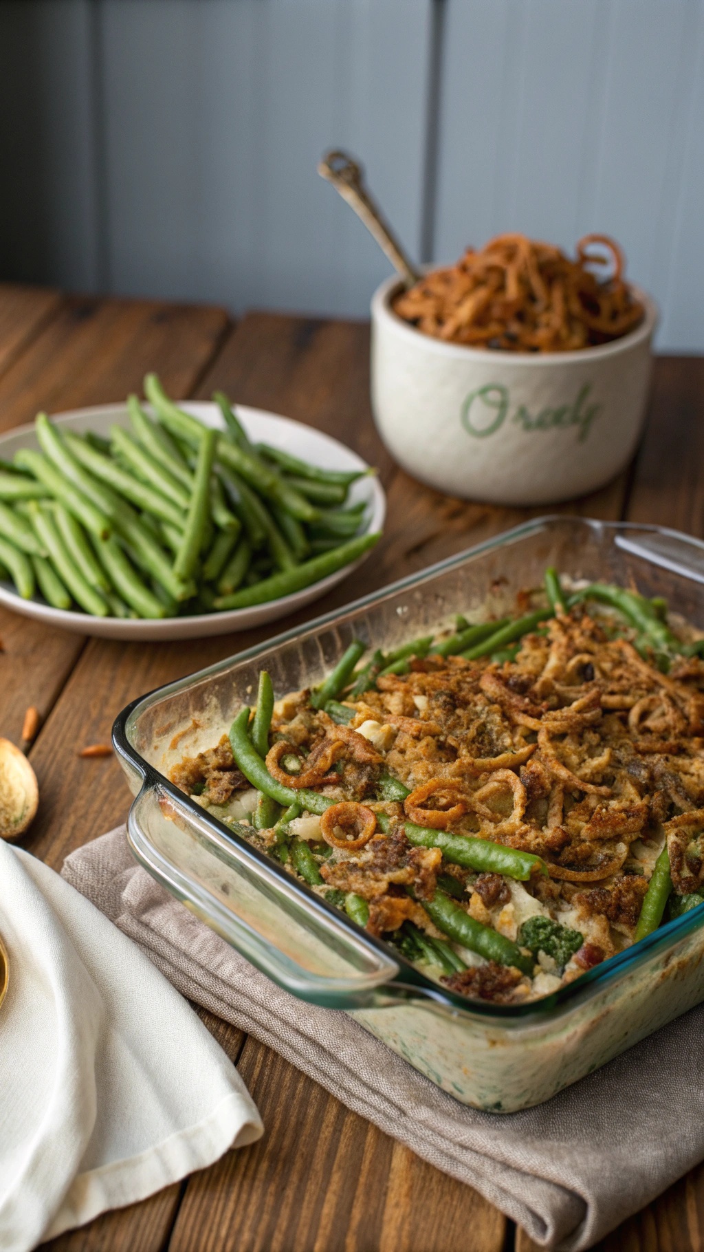 A delicious green bean casserole topped with crispy onions, with fresh green beans in the background.