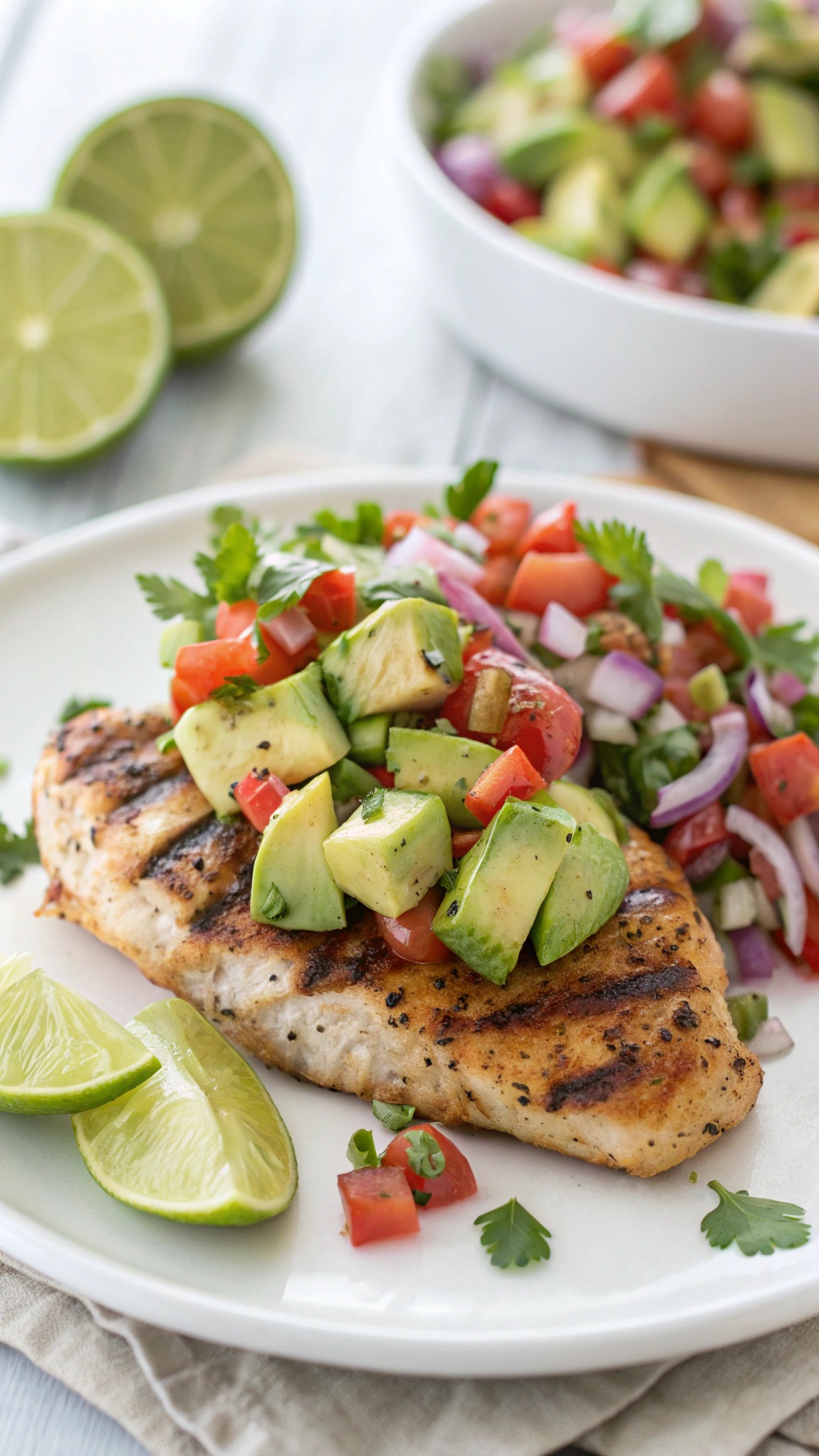 Grilled chicken breast topped with avocado salsa, served with lime wedges.