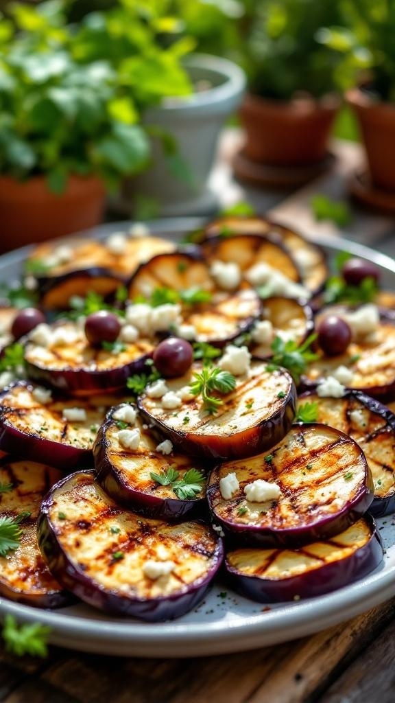 Grilled eggplant slices garnished with herbs and cheese on a plate