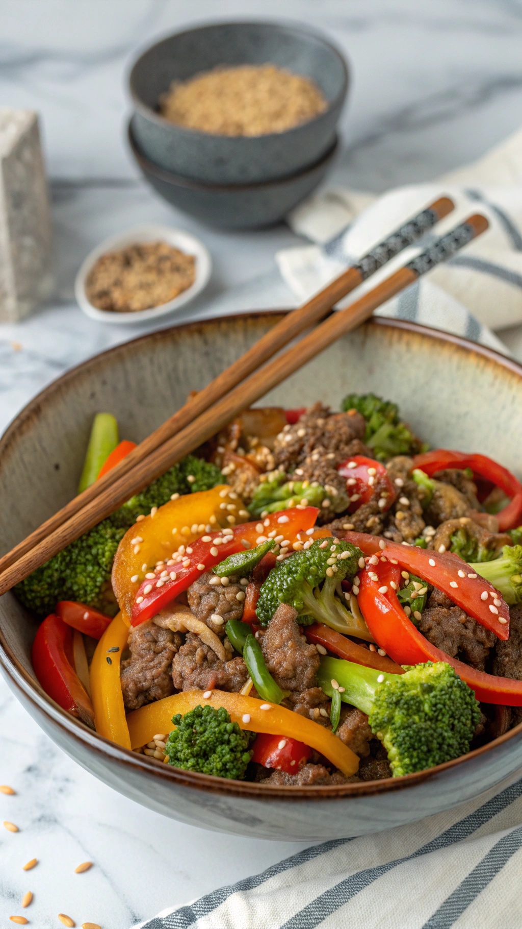 A colorful ground beef stir-fry with broccoli and bell peppers, garnished with sesame seeds.
