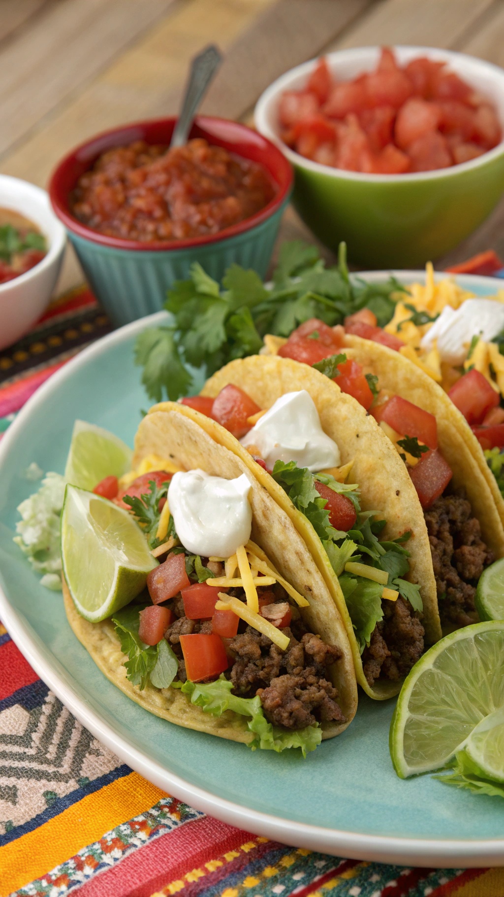 Plate of ground beef tacos with toppings and lime wedges