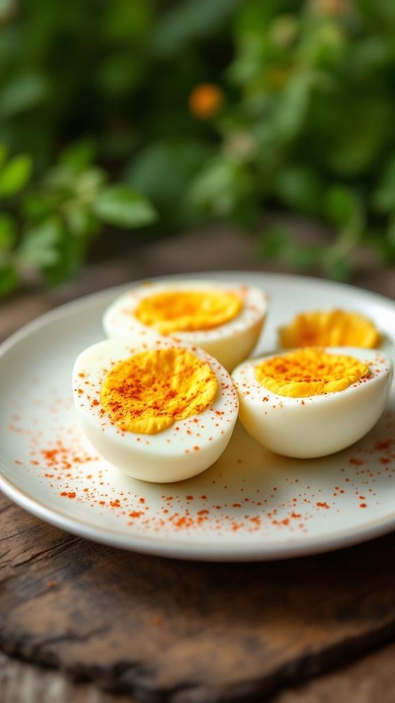 Three halves of hard-boiled eggs on a plate, sprinkled with paprika.
