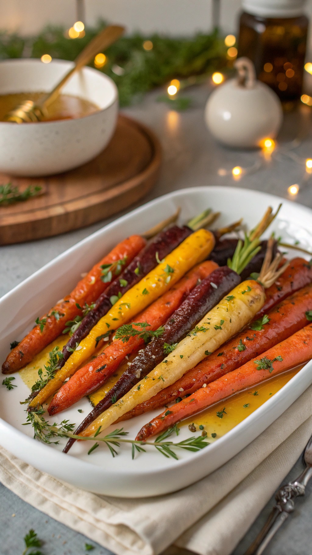 A platter of colorful roasted carrots garnished with herbs, served with a bowl of honey dressing.