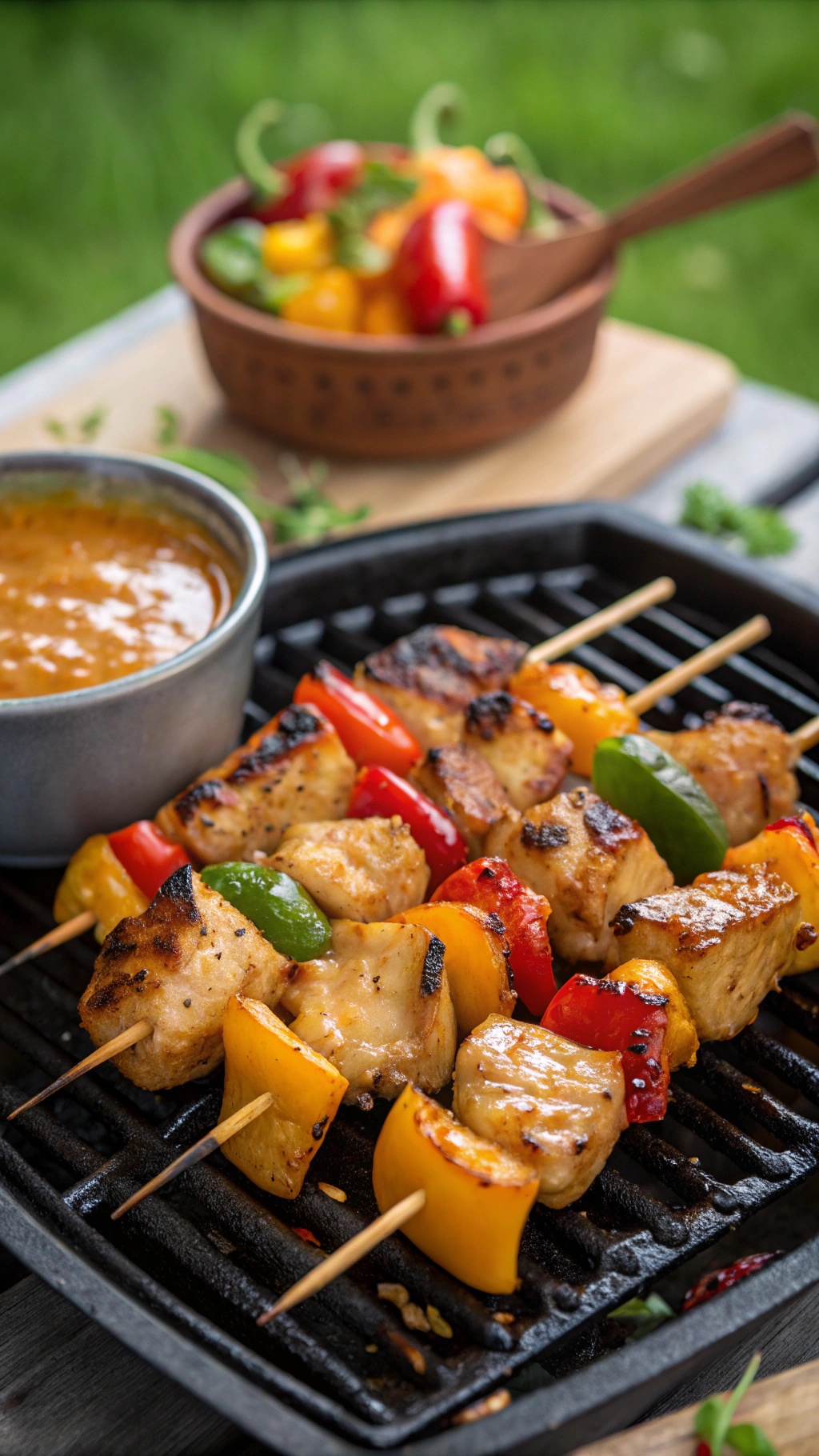 Honey garlic chicken skewers on a grill with colorful bell peppers and a dipping sauce