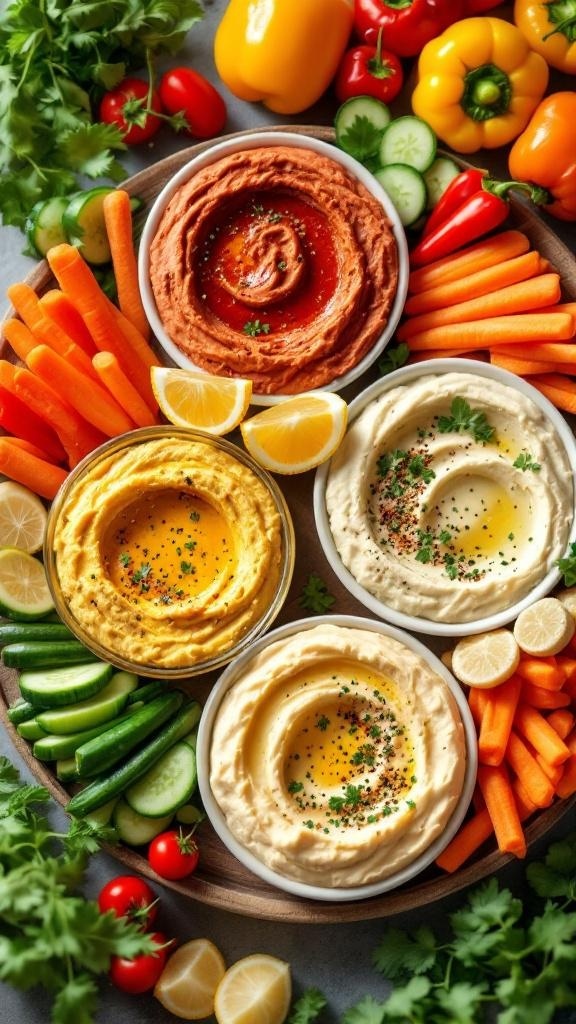 A colorful platter featuring various hummus flavors surrounded by fresh vegetables like carrots, cucumbers, and bell peppers.