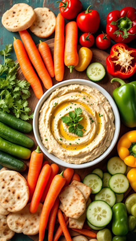 A colorful platter featuring hummus and fresh vegetables like carrots, cucumbers, and bell peppers.