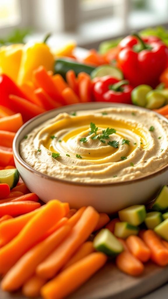 A bowl of hummus surrounded by colorful vegetable sticks including carrots, cucumbers, and bell peppers.