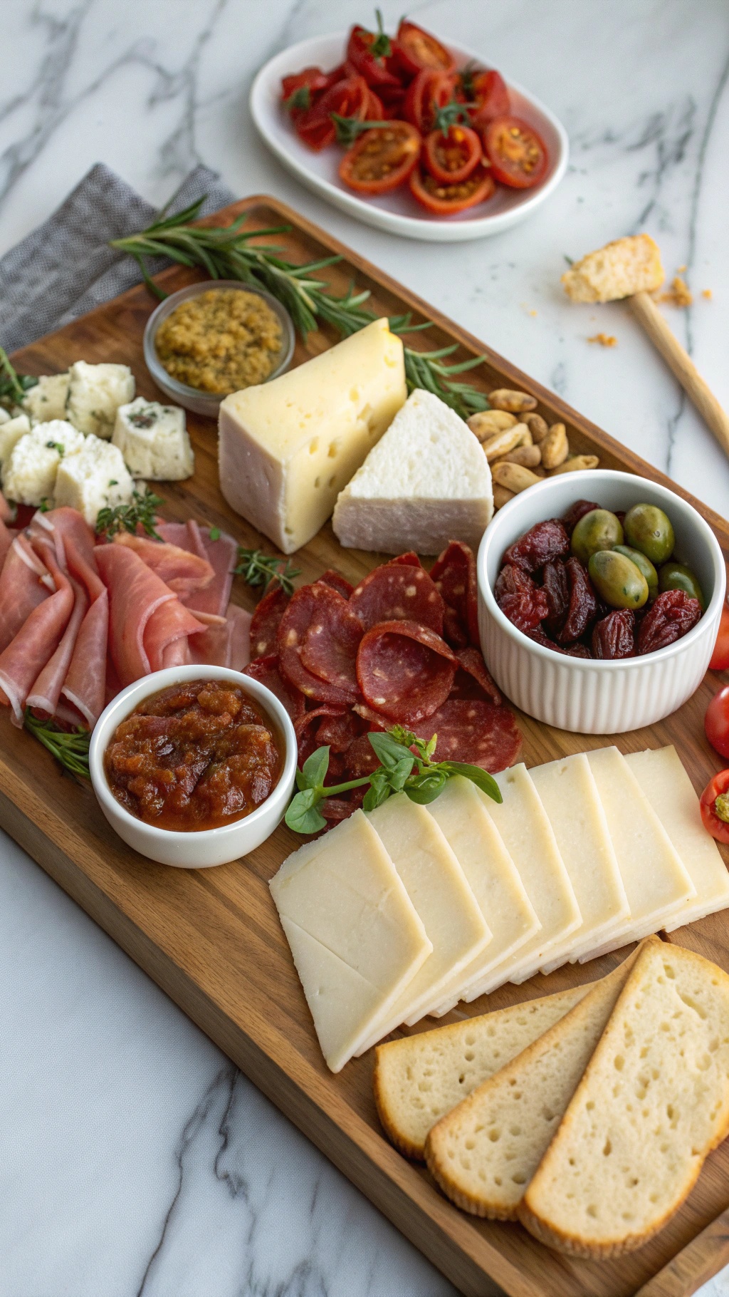 An Italian-inspired cheese board featuring various cheeses, cured meats, olives, and bread.