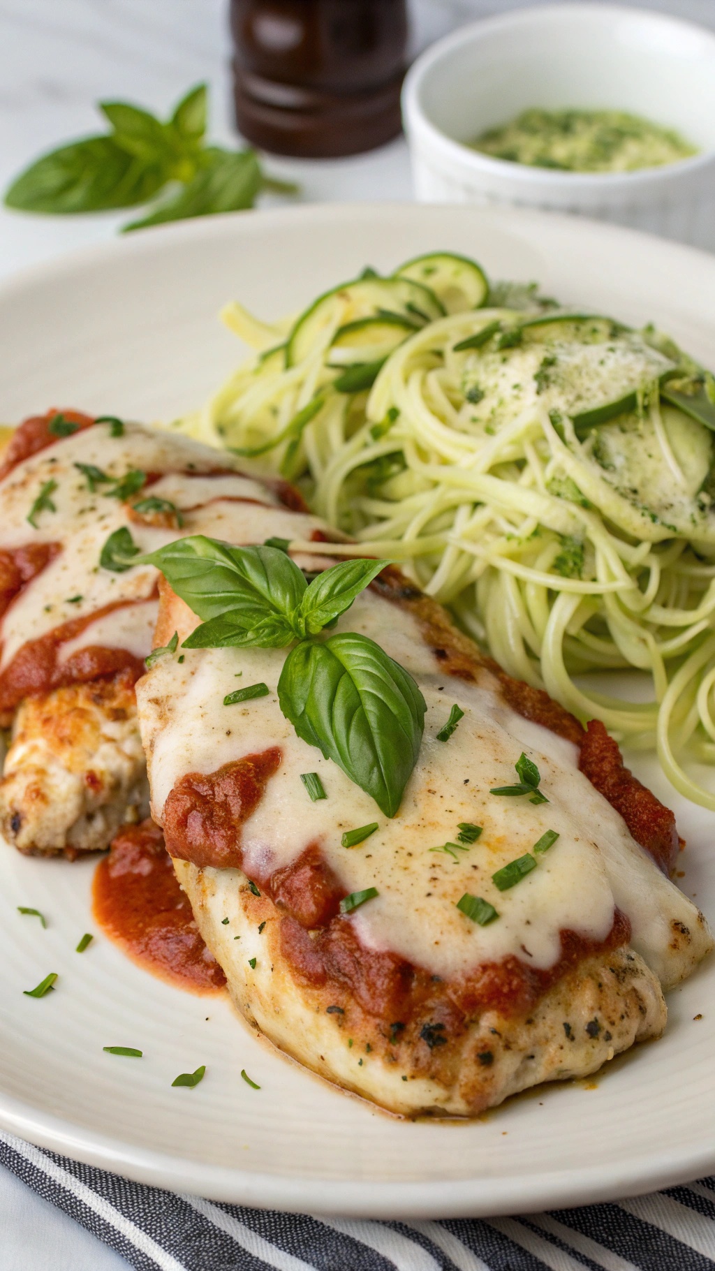 Savory Italian chicken breasts topped with marinara sauce and mozzarella cheese, garnished with fresh basil, served with zucchini noodles.