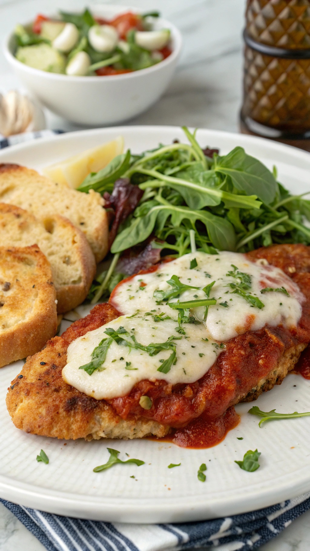 A plate of savory Italian chicken with tomato basil sauce, melted cheese, garlic bread, and a fresh salad.