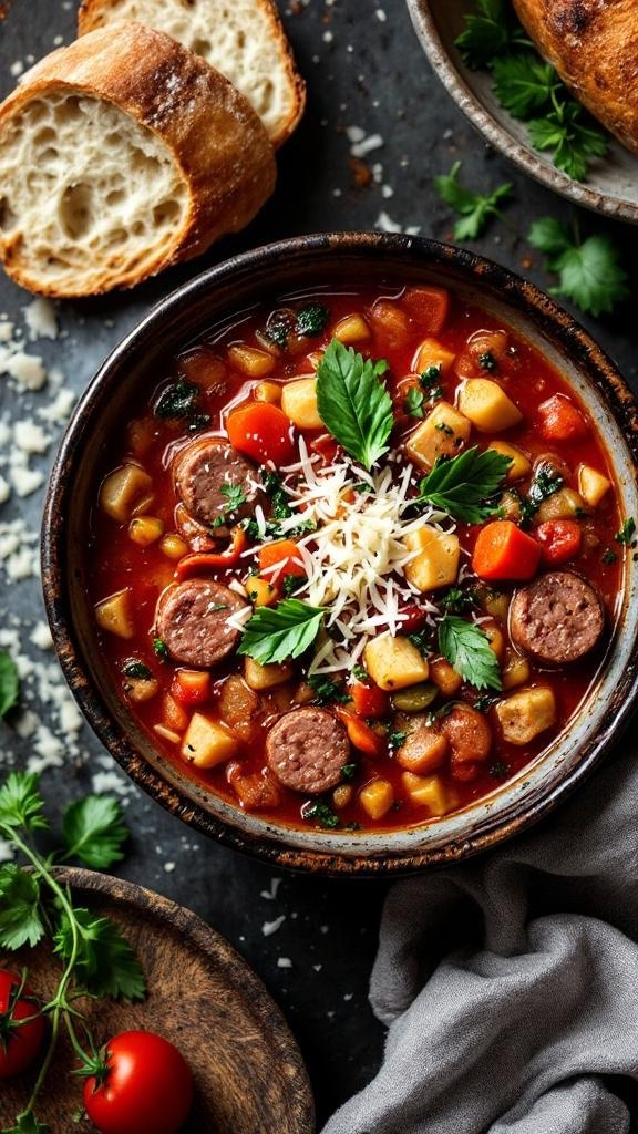 A bowl of savory Italian sausage soup with vegetables and herbs, accompanied by crusty bread.