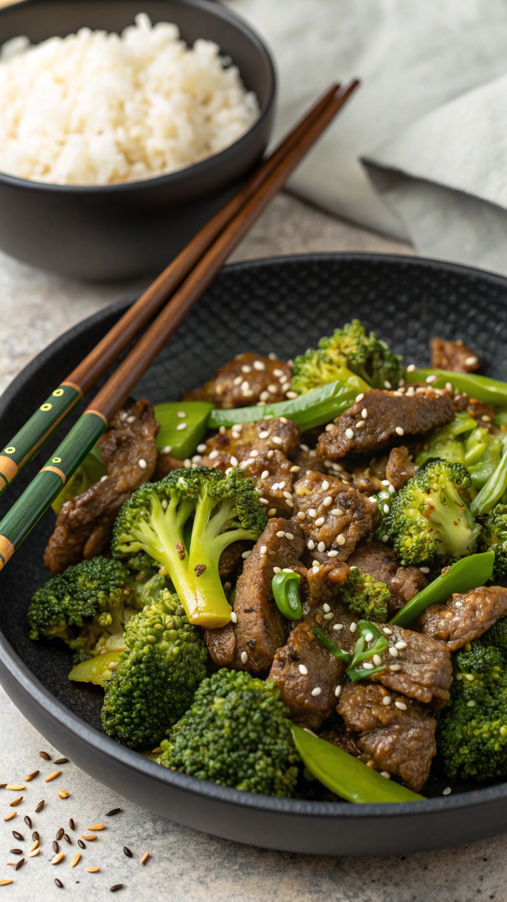 A delicious plate of beef and broccoli stir-fry with sesame seeds and green onions.