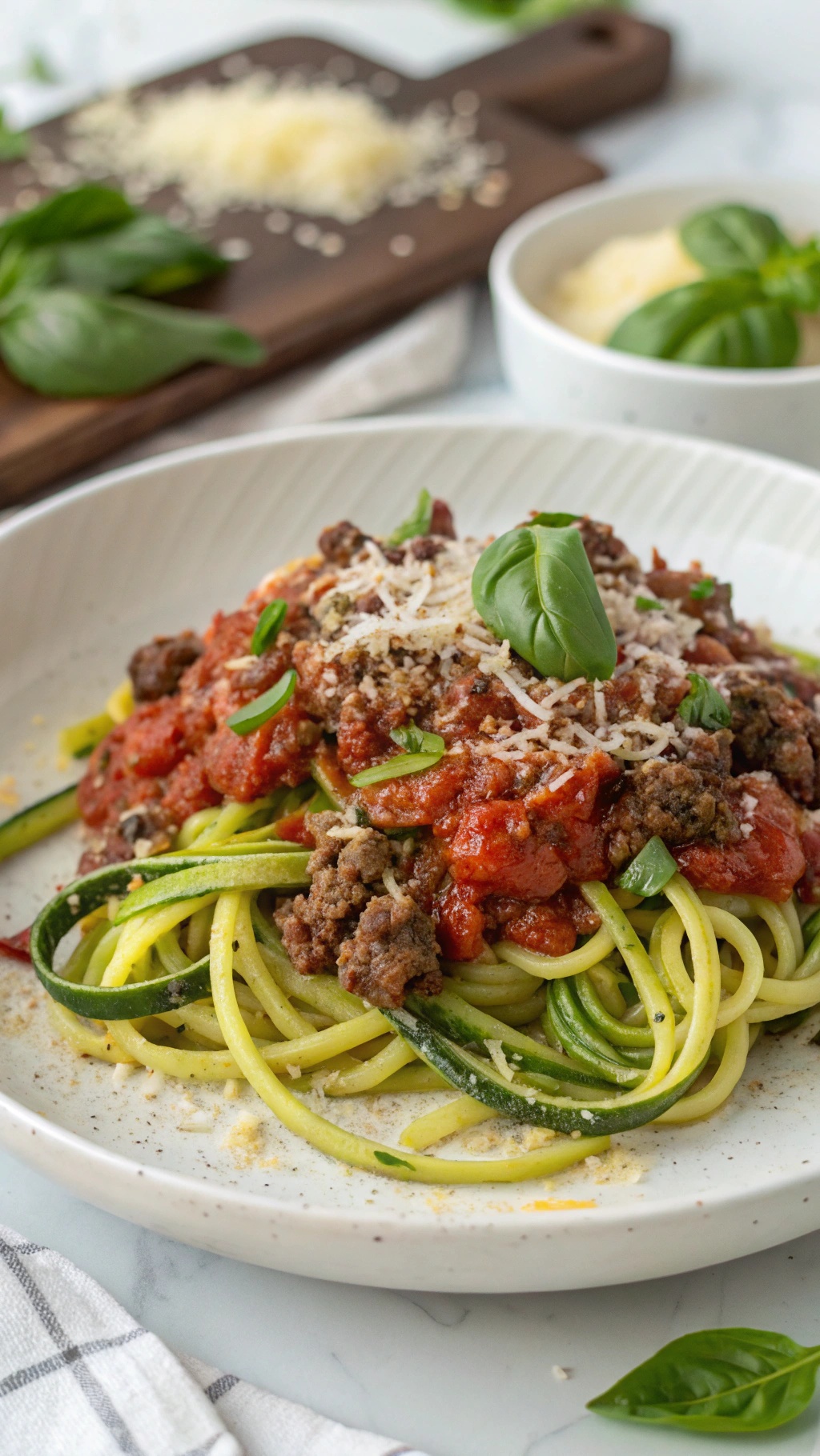 A plate of zucchini noodles topped with ground beef and marinara sauce, garnished with basil and cheese.