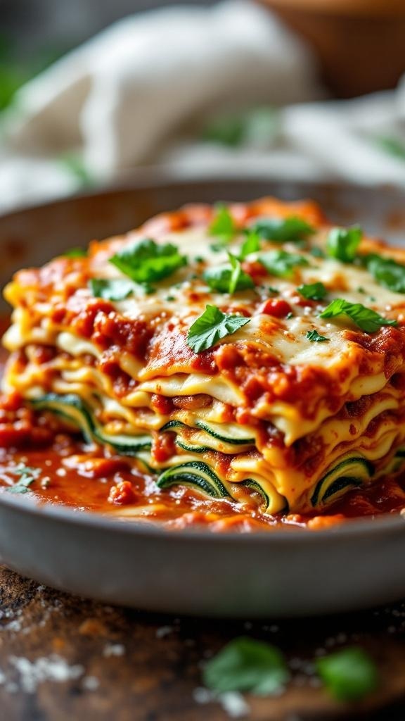 A delicious serving of zucchini lasagna with layers of cheese and marinara sauce, garnished with parsley.