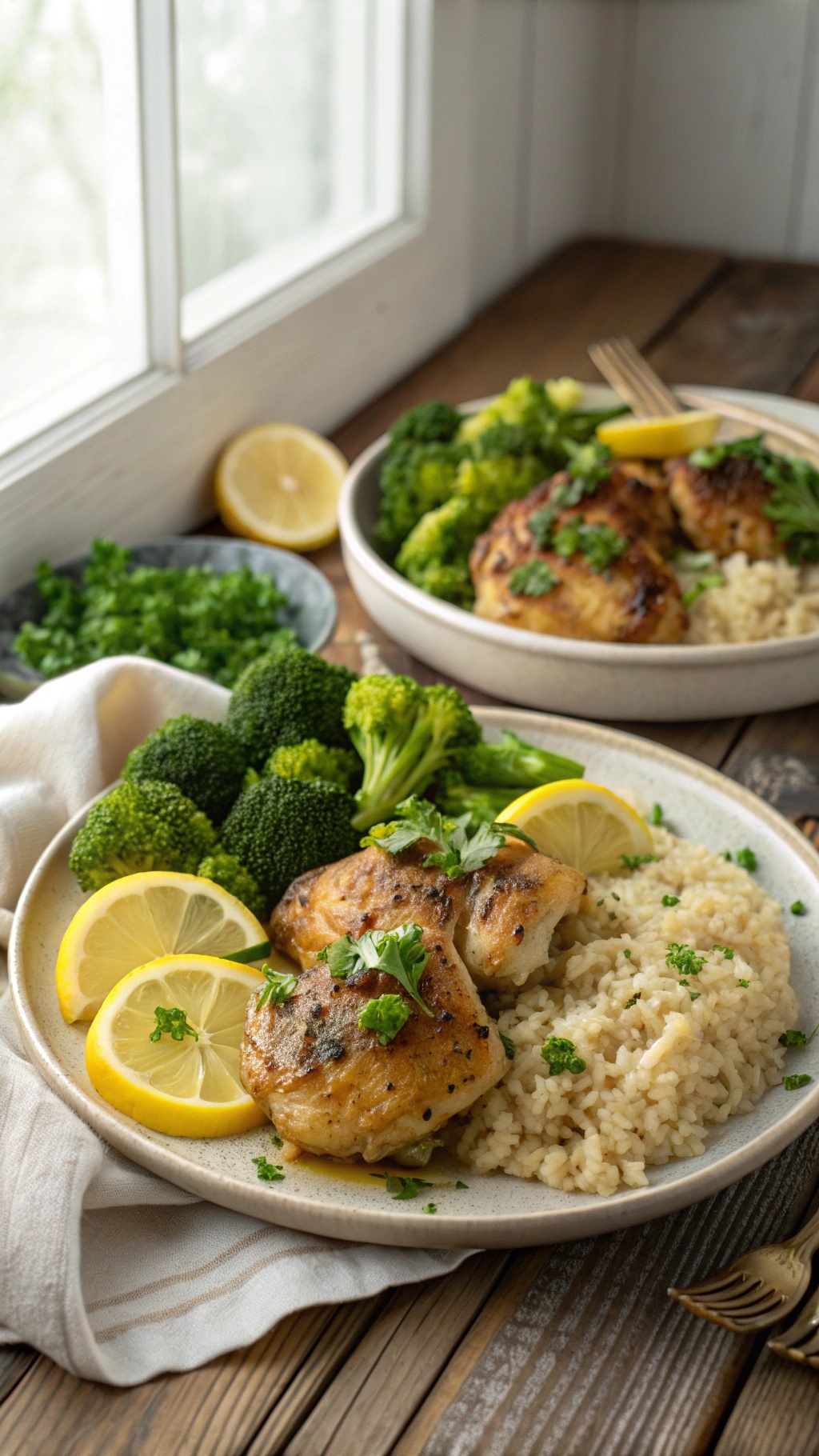 Savory lemon garlic chicken thighs served with rice and broccoli