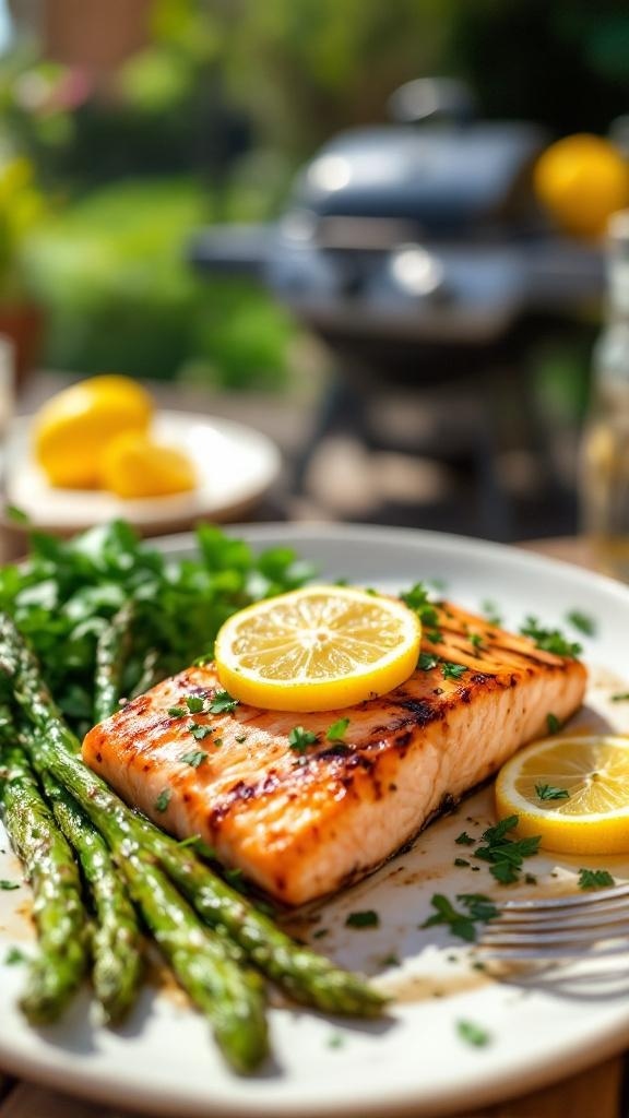 Grilled salmon with lemon and asparagus on a plate