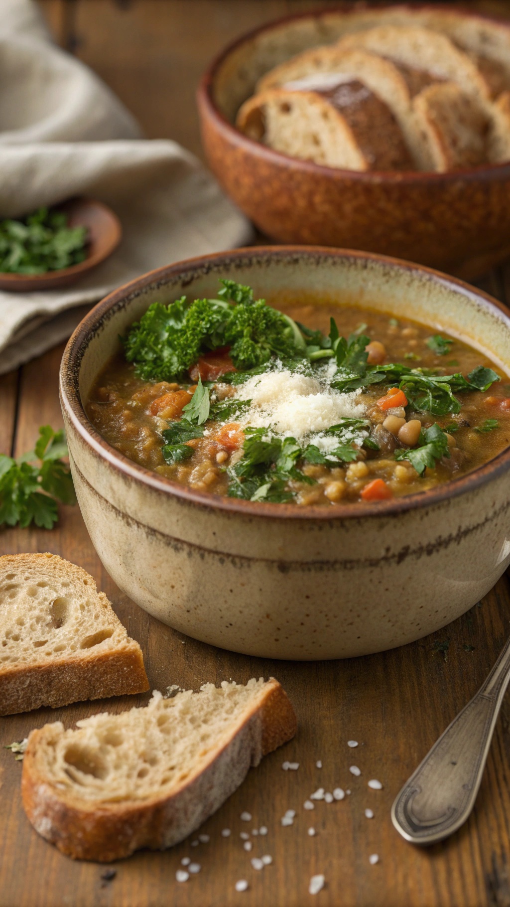 A bowl of lentil and spinach soup garnished with herbs and served with slices of bread.