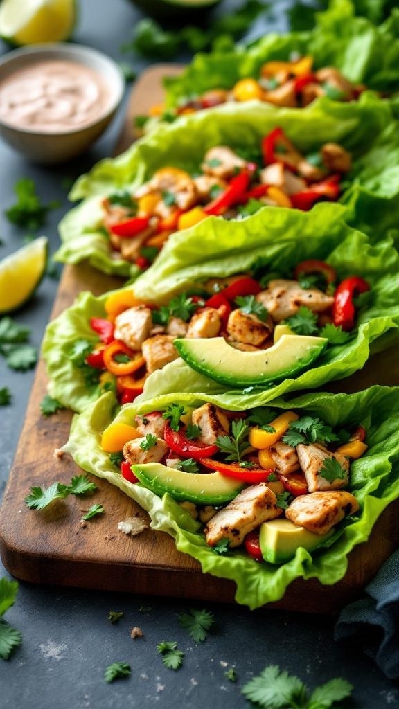 Colorful lettuce wraps filled with grilled chicken, bell peppers, and avocado, served with a dipping sauce.