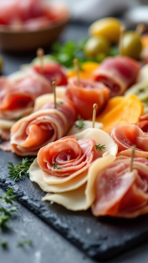 Savory meat and cheese roll-ups arranged like roses on a platter.