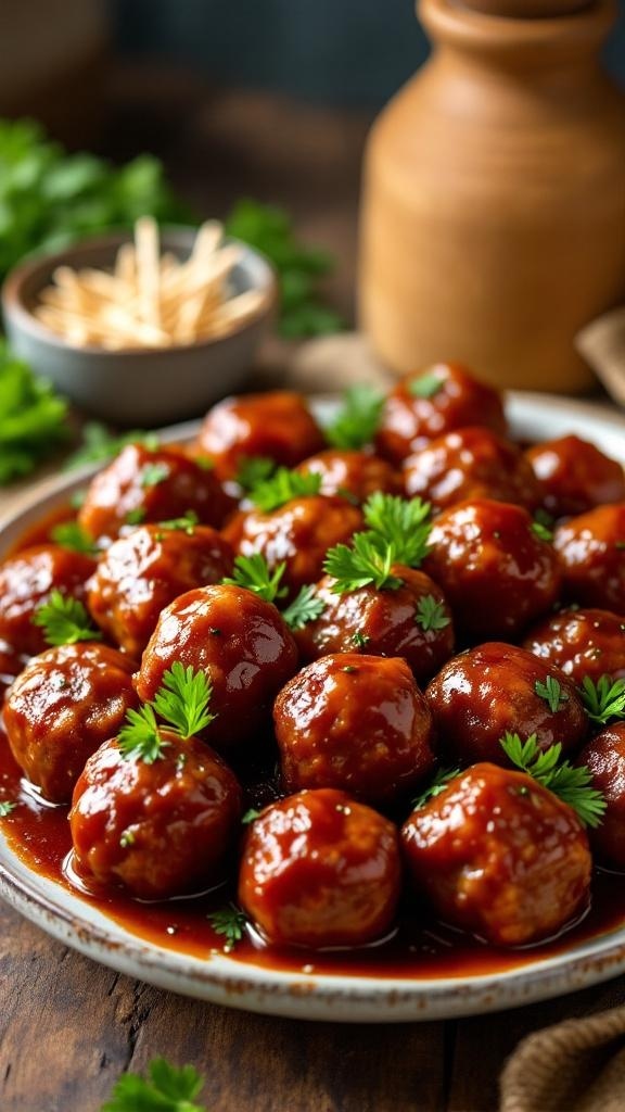 A platter of savory meatballs garnished with parsley, served with toothpicks.