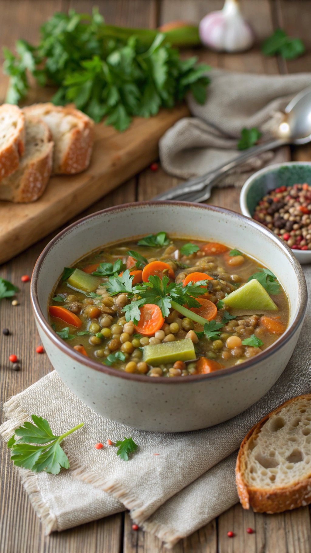 A bowl of Mediterranean lentil soup with fresh herbs and vegetables, served with bread on the side.