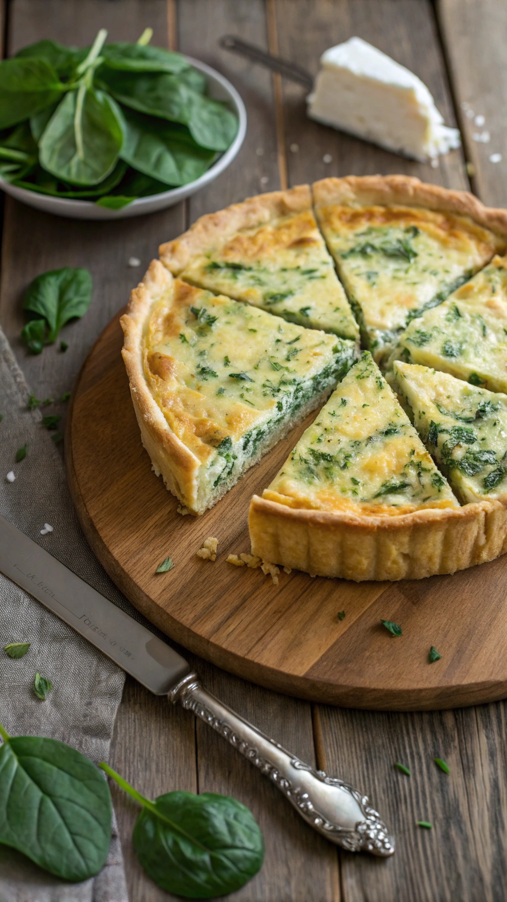 Savory Mediterranean quiche with spinach and feta, sliced and served on a wooden board with fresh spinach leaves and feta cheese.