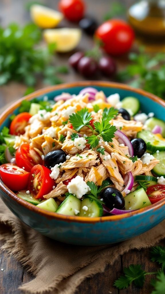 A colorful Mediterranean salad featuring shredded rotisserie chicken, cherry tomatoes, cucumbers, olives, and feta cheese.