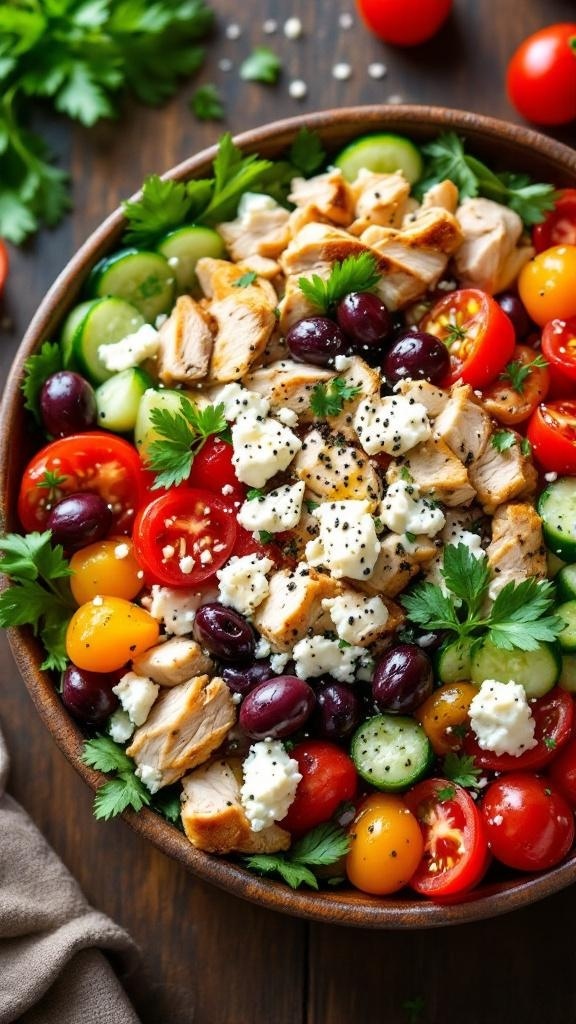 A vibrant Mediterranean rotisserie chicken salad with feta, featuring colorful cherry tomatoes, cucumbers, olives, and fresh herbs.