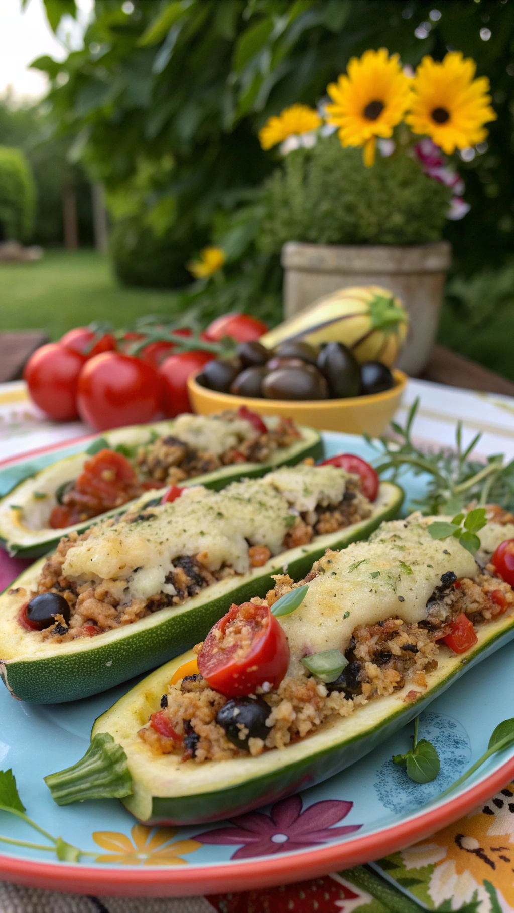 Stuffed zucchini boats filled with tomatoes, olives, and cheese, garnished with herbs.