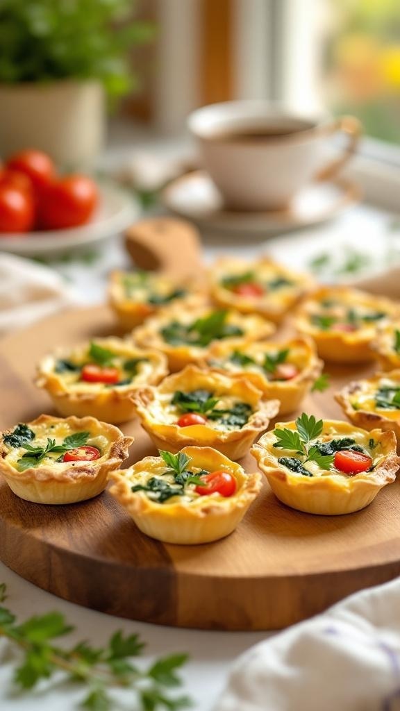 A wooden platter filled with savory mini quiches, garnished with spinach and tomatoes, with a cup of coffee in the background.