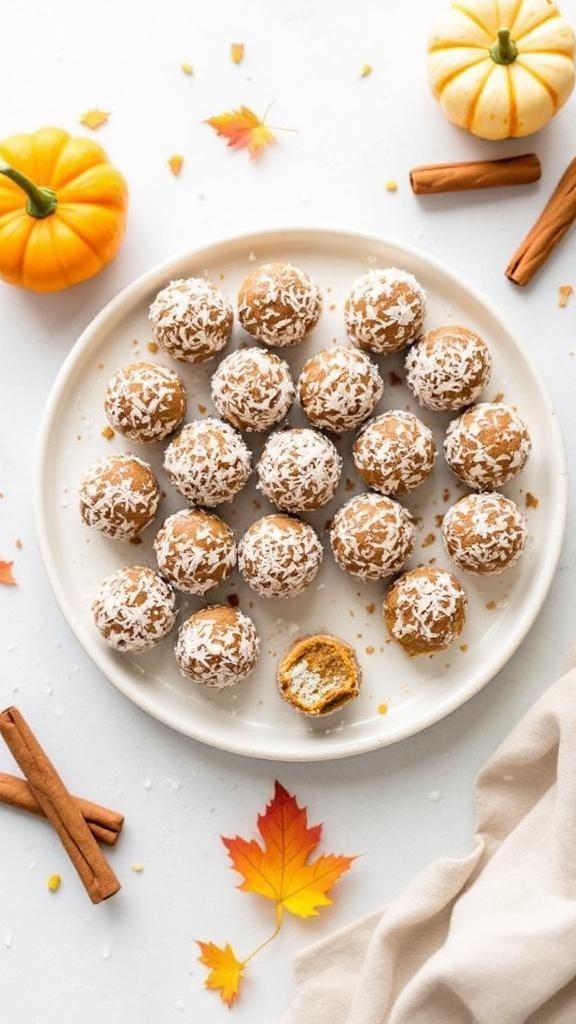 A plate of no-bake pumpkin spice energy bites surrounded by pumpkins, cinnamon sticks, and autumn leaves.