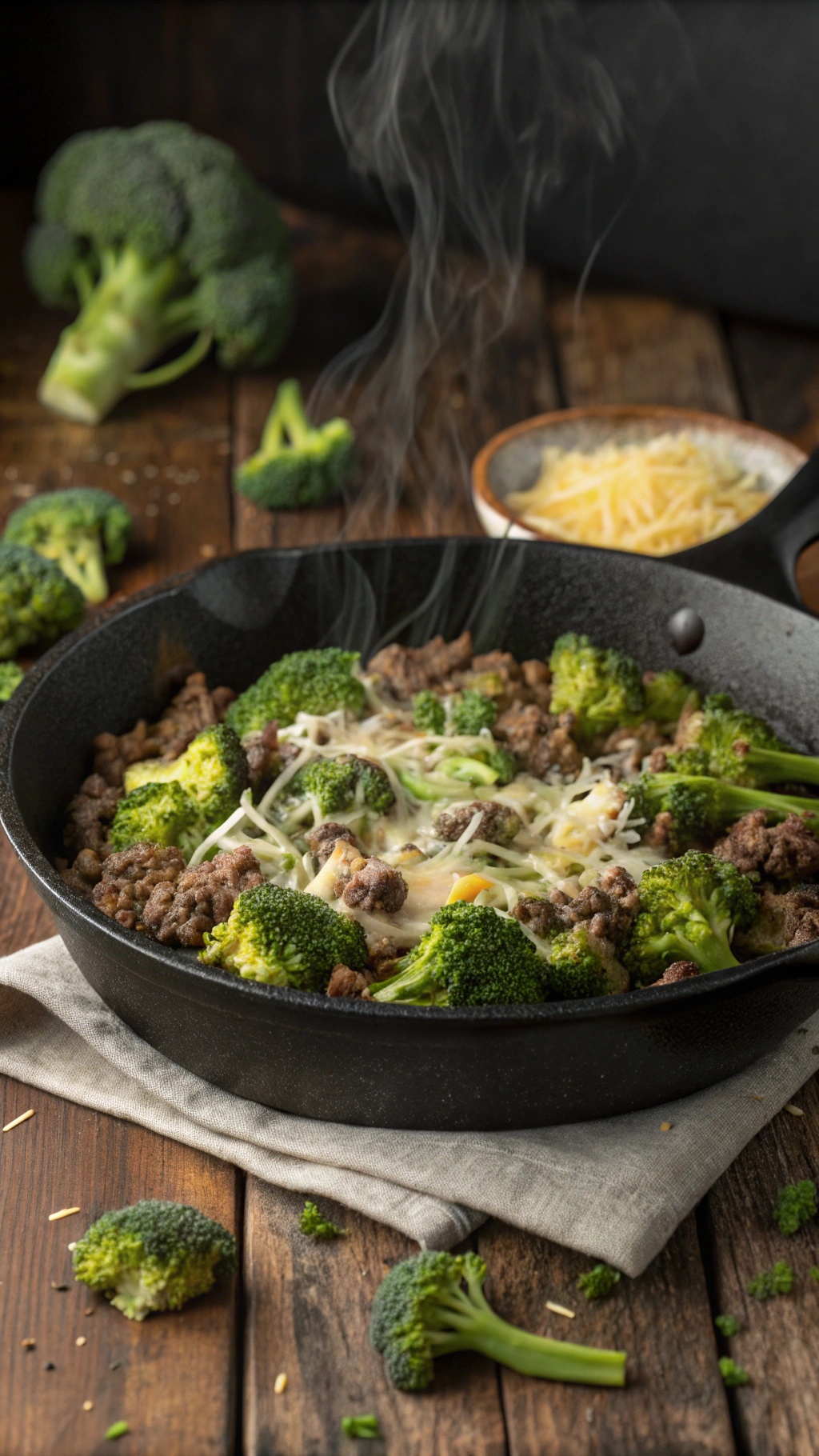 A one-pan cheesy beef and broccoli skillet with ground beef and melted cheese.