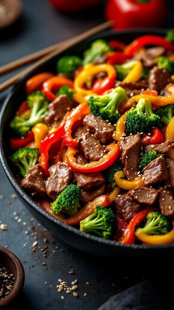 A colorful one-pan keto beef stir-fry with broccoli and bell peppers.