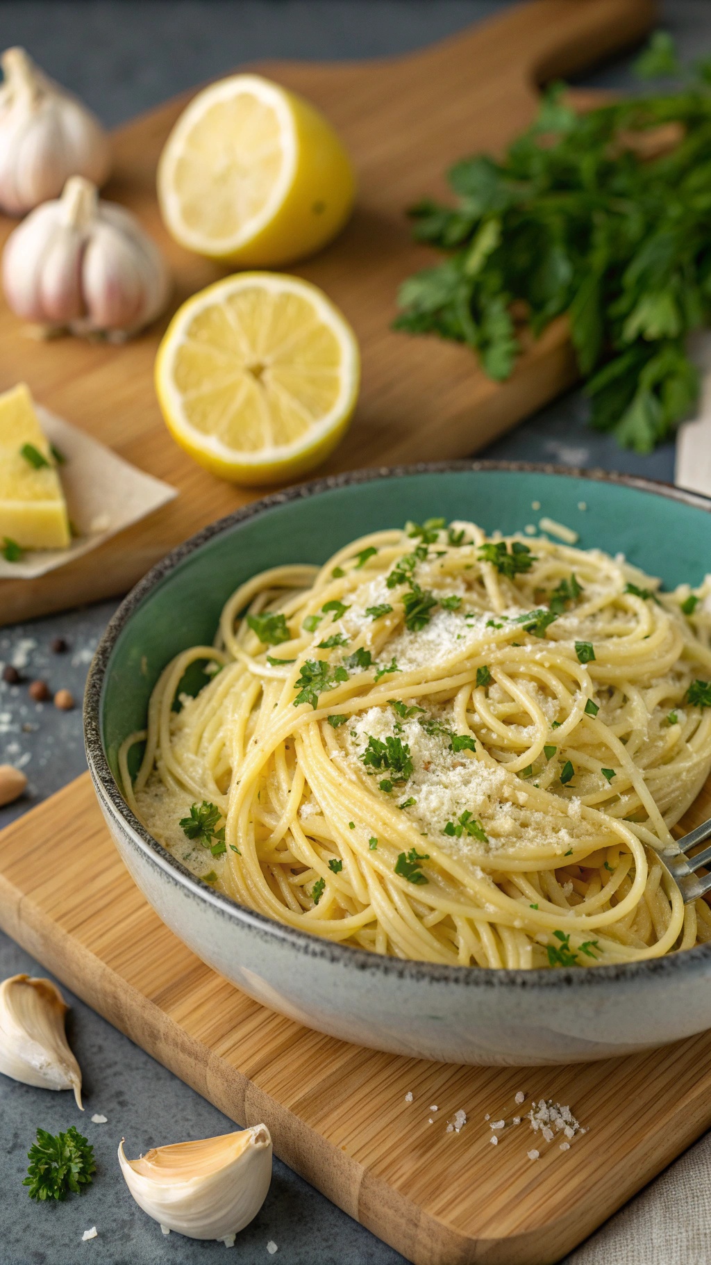 A bowl of lemon garlic pasta garnished with parsley, surrounded by garlic cloves and lemon halves on a wooden cutting board.