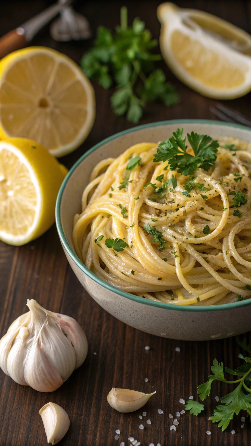 A bowl of lemon garlic pasta garnished with parsley, with lemons and garlic in the background.