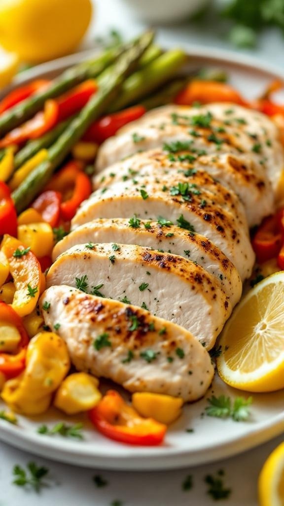 A plate of sliced lemon herb chicken with colorful vegetables.