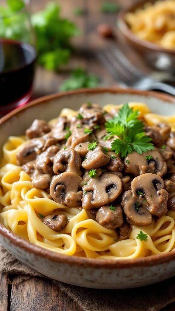 A bowl of beef stroganoff with mushrooms served over egg noodles, garnished with parsley.