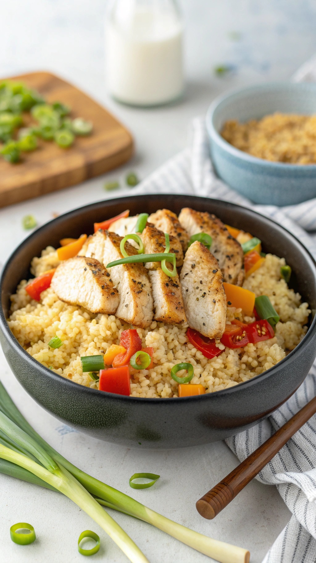 A bowl of savory one-pot chicken and cauliflower rice topped with green onions and colorful bell peppers.