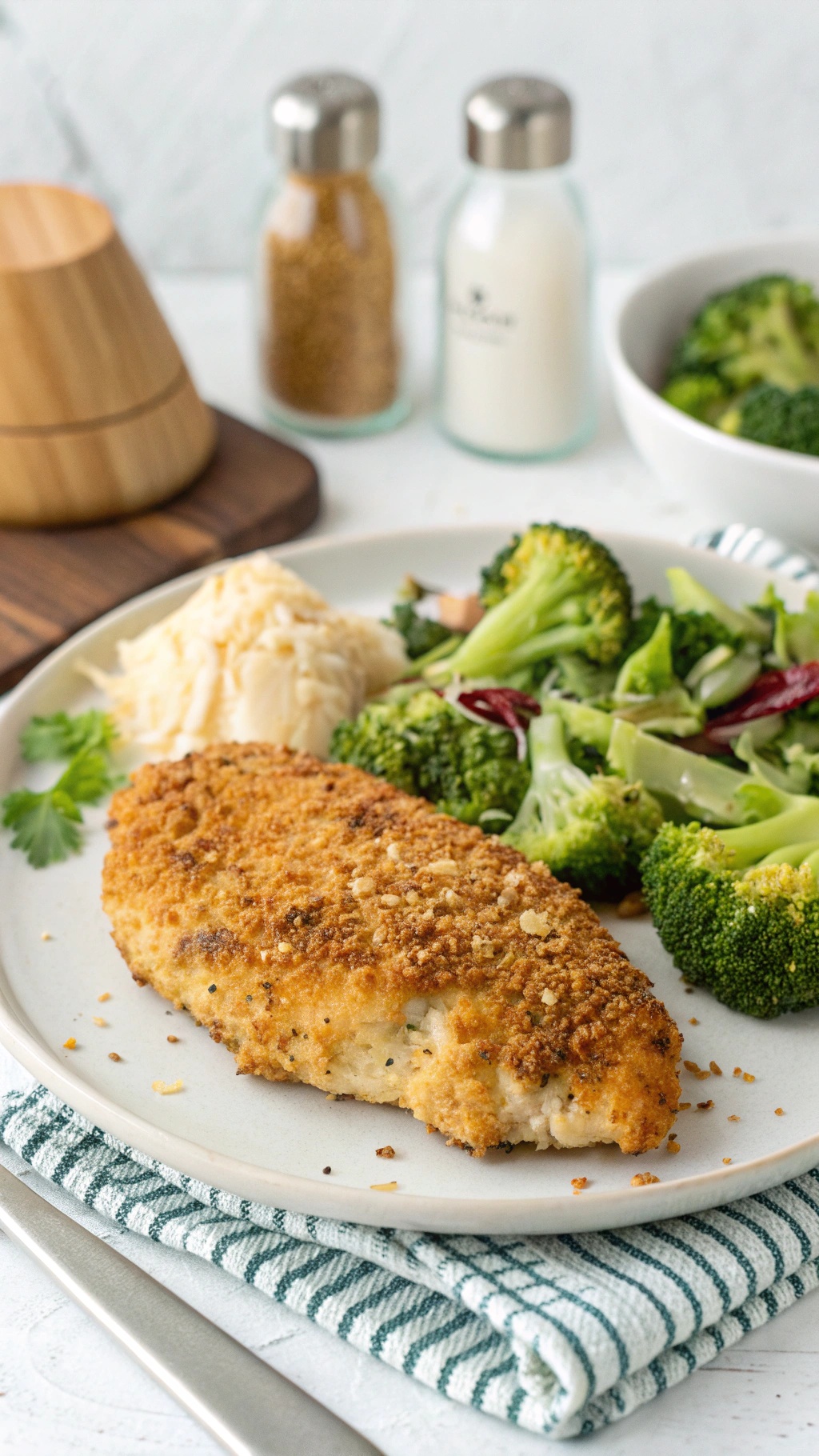 A plate of Parmesan crusted air fryer chicken breast served with broccoli and mashed potatoes.