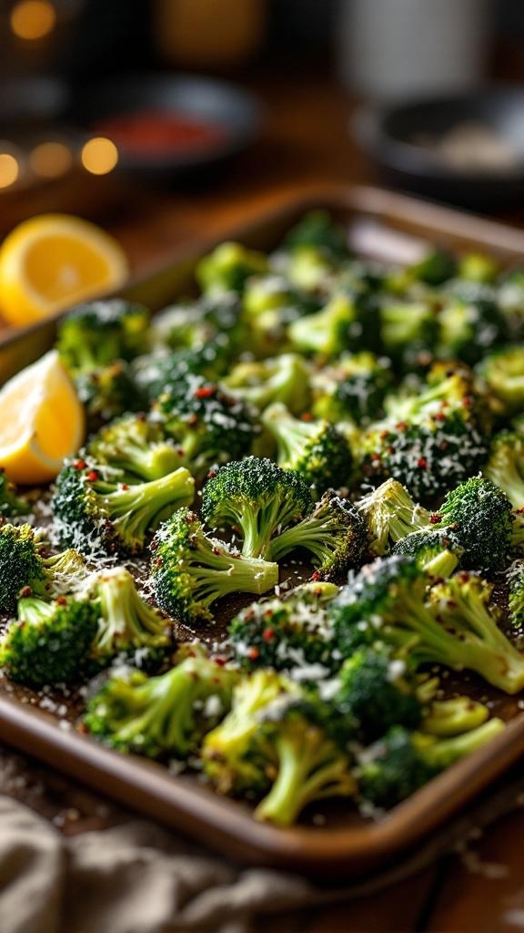 A tray of roasted broccoli sprinkled with Parmesan cheese and lemon wedges.